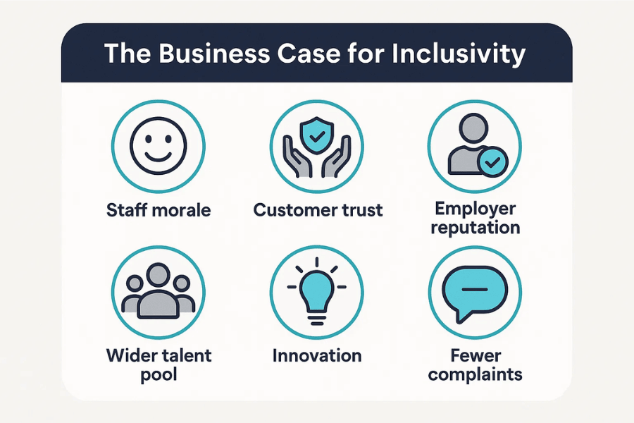 Infographic titled “The Business Case for Inclusivity” showing six benefits for organisations: improved staff morale, increased customer trust, stronger employer reputation, a wider talent pool, greater innovation, and fewer complaints.