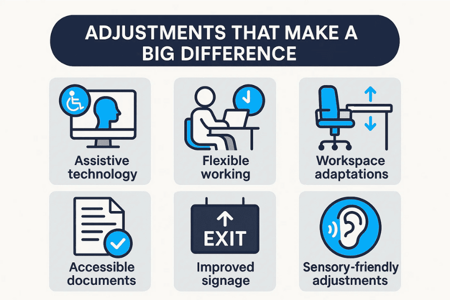 Infographic titled “Adjustments That Make a Big Difference” showing six workplace adjustments: assistive technology, flexible working, workspace adaptations, accessible documents, improved signage, and sensory-friendly adjustments.