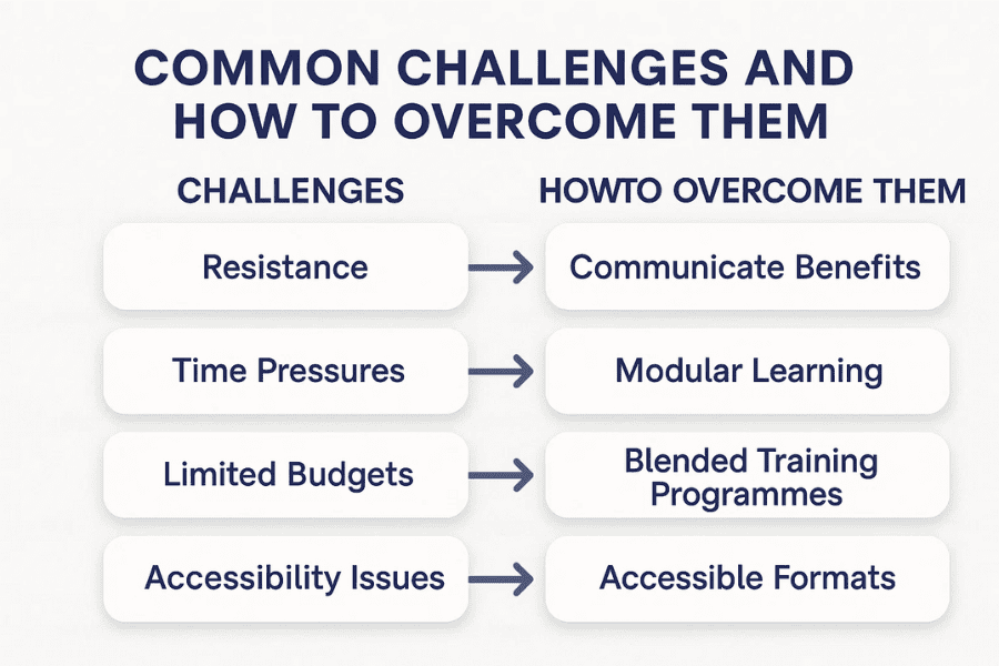 Infographic titled “Common Challenges and How to Overcome Them” showing typical barriers to disability awareness training—resistance, time pressures, limited budgets, and accessibility issues—and the solutions: communicating benefits, modular learning, blended training programmes, and accessible formats.