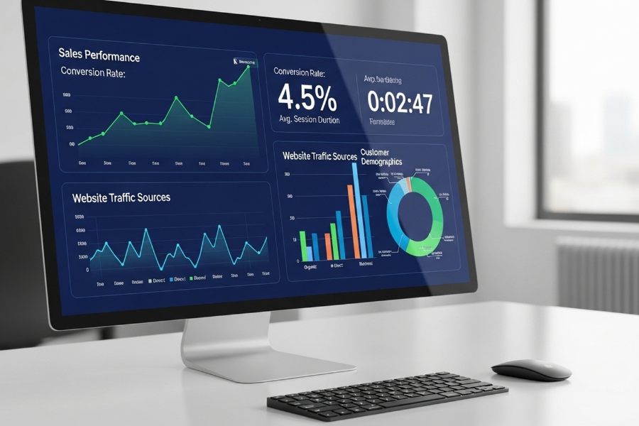 Computer monitor displaying analytics dashboards with charts and graphs in a modern office workspace.
