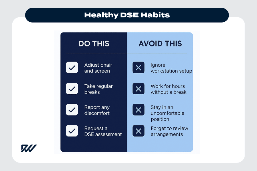 Infographic comparing healthy DSE habits, showing recommended actions such as adjusting your chair and taking breaks, alongside behaviours to avoid like ignoring workstation setup.