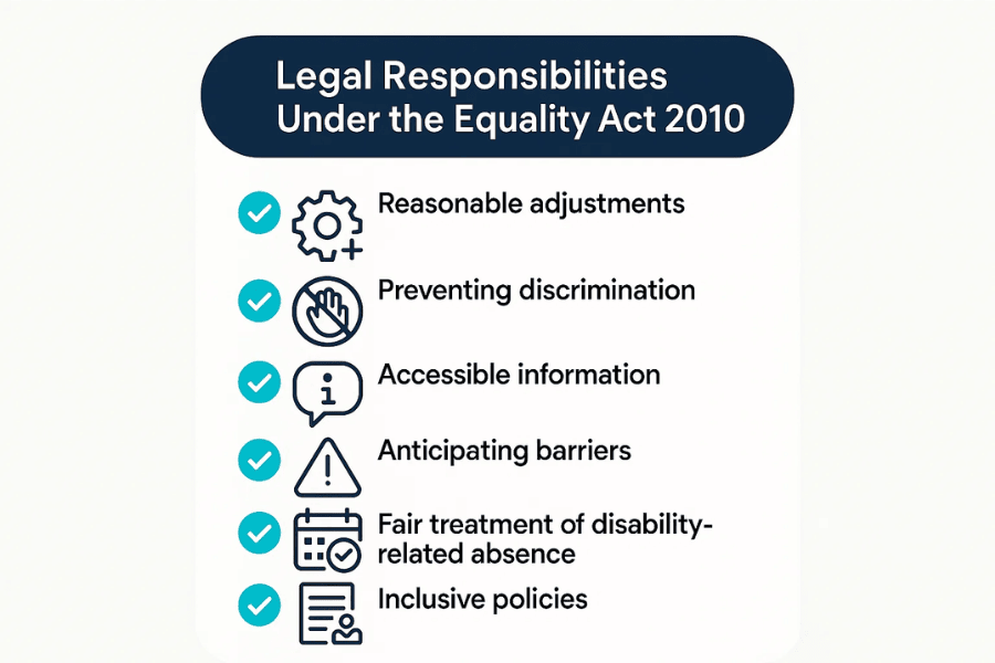 Infographic titled “Legal Responsibilities Under the Equality Act 2010” listing key duties for organisations, including reasonable adjustments, preventing discrimination, accessible information, anticipating barriers, fair treatment of disability-related absence, and inclusive policies.