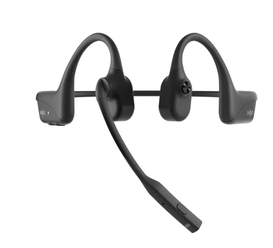 Front view of the Shokz OpenComm2 UC headset displaying its wraparound frame and noise-cancelling boom microphone