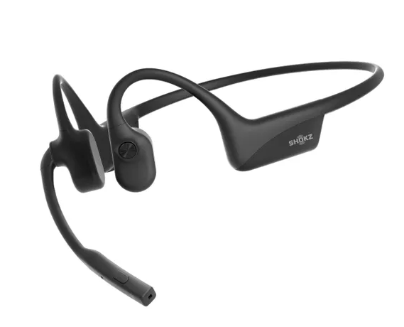 Angled view of the Shokz OpenComm2 UC headset showcasing its flexible open-ear design and lightweight frame