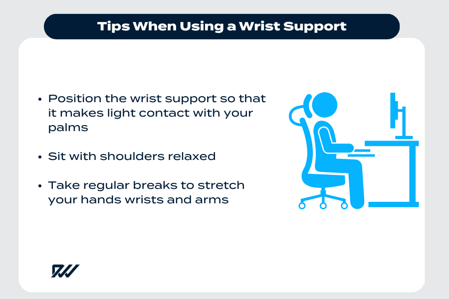 Infographic showing tips for using a wrist support, including positioning the support under the palms, relaxing the shoulders, and taking regular breaks to stretch the hands, wrists, and arms.