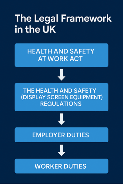 Flowchart illustrating the UK legal framework for Display Screen Equipment, showing the Health and Safety at Work Act, the DSE Regulations, employer duties and worker duties.