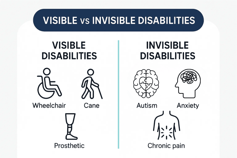 Infographic comparing visible and invisible disabilities, with examples such as wheelchair use, cane use, prosthetics, autism, anxiety, and chronic pain.