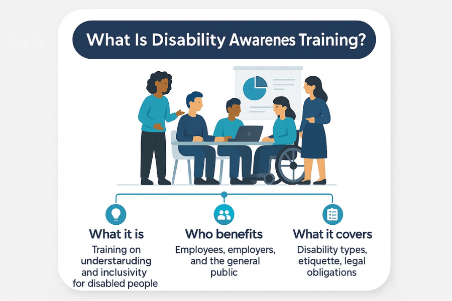 Infographic titled “What Is Disability Awareness Training?” showing a diverse group of people, including a wheelchair user, participating in a workplace training session. Below the illustration, three sections explain what disability awareness training is, who benefits from it, and what it covers, using icons and short descriptions.