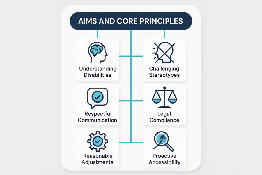 Infographic titled “Aims and Core Principles” showing six key elements of disability awareness training: understanding disabilities, challenging stereotypes, respectful communication, legal compliance, reasonable adjustments, and proactive accessibility, each represented with an icon.