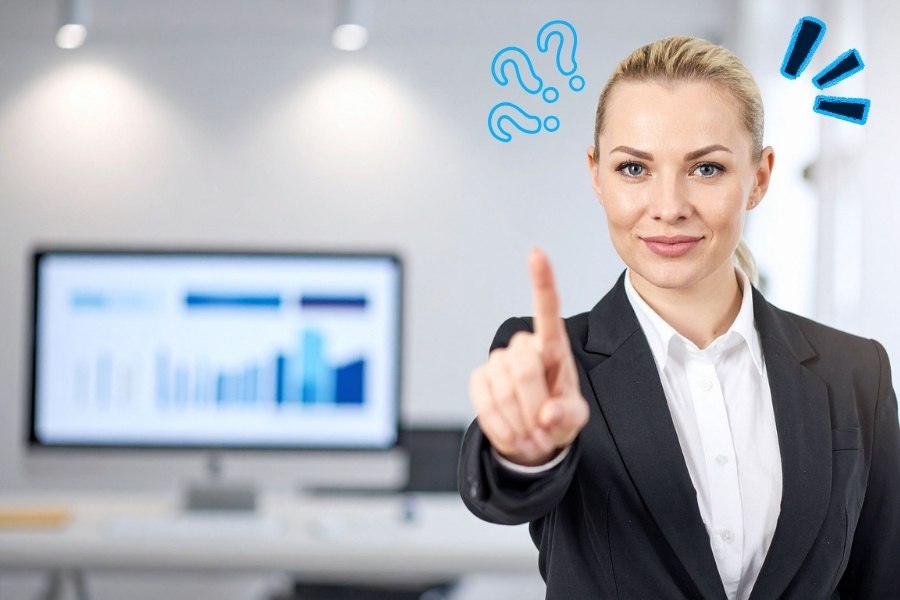 Businesswoman pointing towards the camera in a modern office with question mark graphics above her head, suggesting uncertainty about Display Screen Equipment requirements.