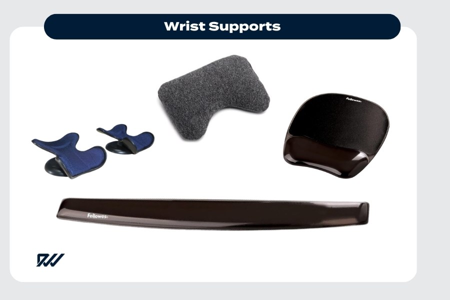 A selection of different wrist supports including ergonomic finger rests, a fabric wrist cushion, a gel mouse wrist rest, and a long keyboard wrist support bar.