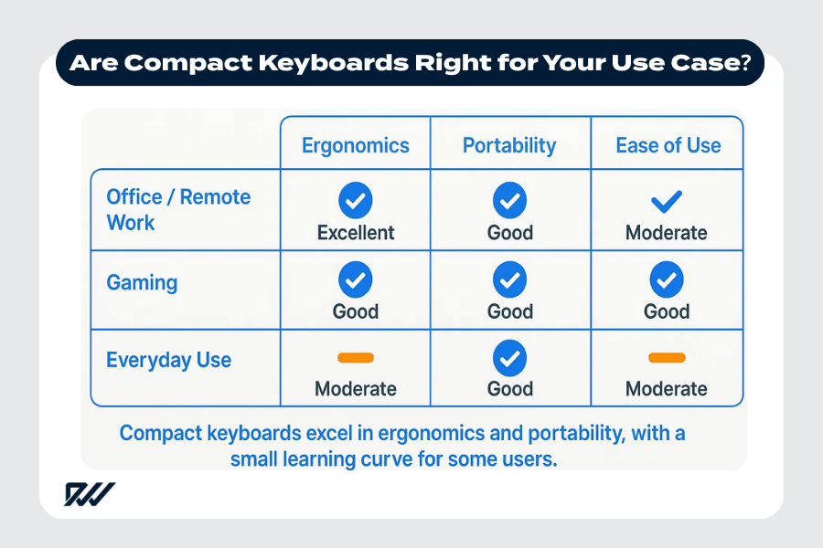 Infographic comparing ergonomics, portability and ease of use for compact keyboards across office work, gaming and everyday use.