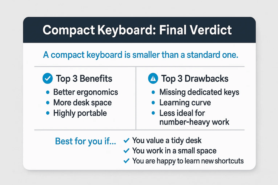 Infographic summarising the final verdict on compact keyboards, highlighting top benefits, main drawbacks and who they are best suited for.