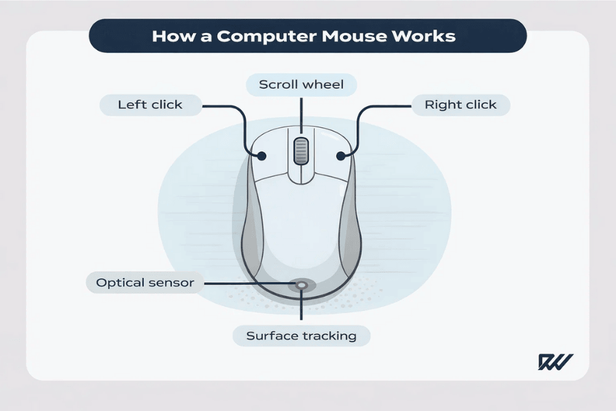 Diagram showing how a computer mouse works, with labelled parts including left click, right click, scroll wheel, optical sensor and surface tracking.