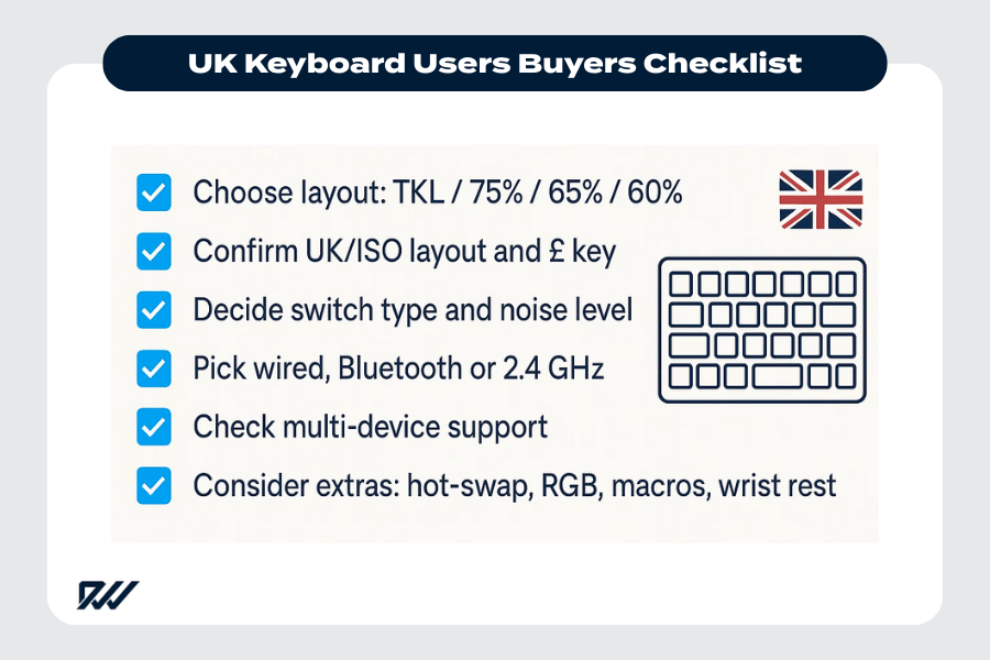 Infographic showing a UK keyboard buyers checklist with steps for choosing layout, confirming UK/ISO keys, selecting switches, deciding connectivity, checking multi-device support and considering extra features.