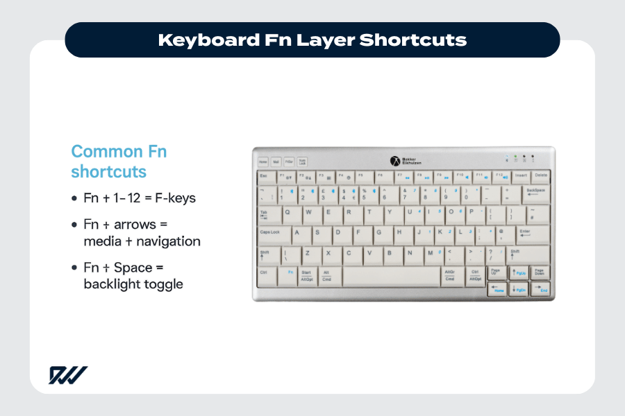 Infographic showing common keyboard Fn layer shortcuts with an example compact keyboard highlighting F-keys, media controls and backlight toggles.