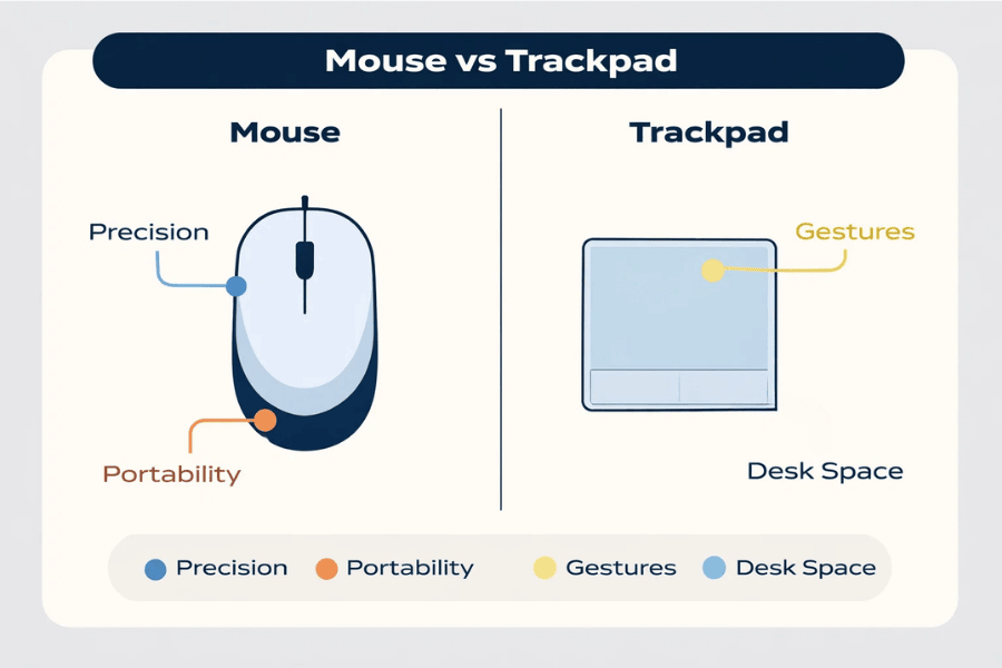 Infographic comparing a mouse and a trackpad, highlighting precision and portability for a mouse and gestures and desk space for a trackpad.