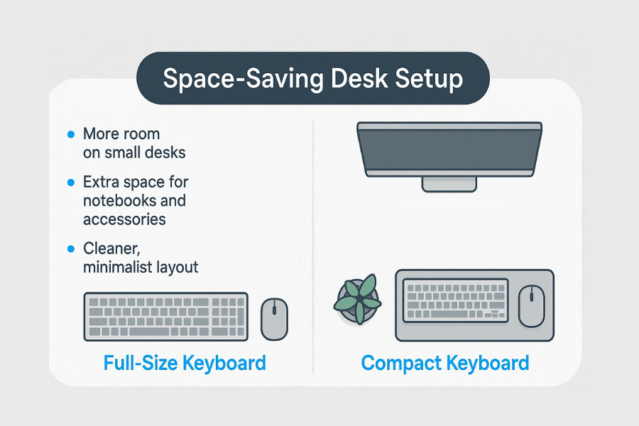 Infographic showing a space-saving desk setup comparing a full-size keyboard with a compact keyboard and the extra workspace gained.