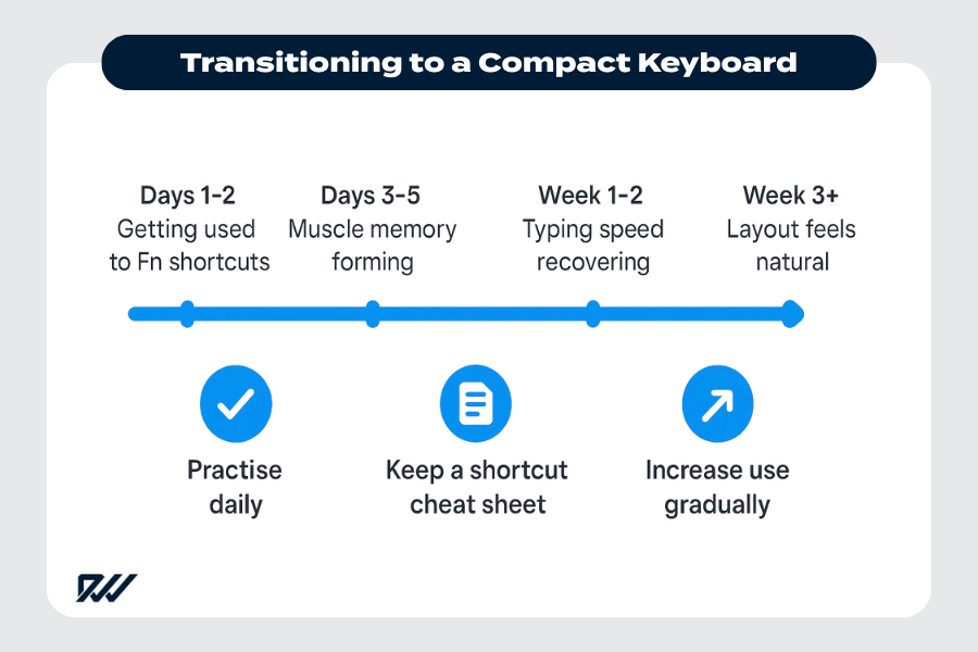 Infographic showing the transition timeline for adapting to a compact keyboard, including stages of learning Fn shortcuts, building muscle memory and improving typing speed.