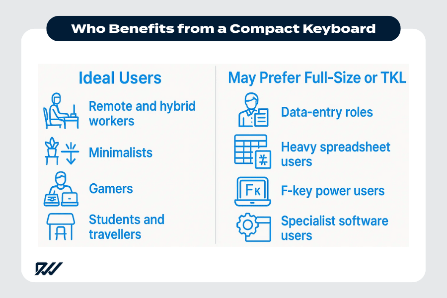 Infographic showing who benefits most from compact keyboards and who may prefer full-size or TKL layouts.