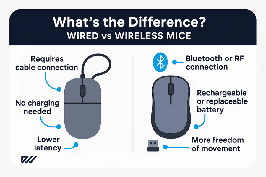 Infographic comparing wired and wireless mice, showing differences in connection type, charging needs, latency and movement freedom.