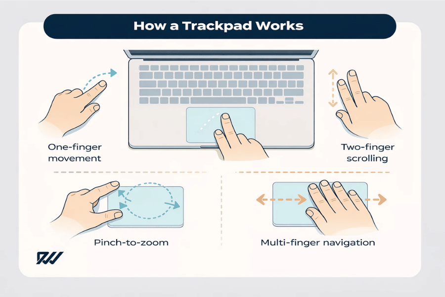 Illustrated diagram showing how a laptop trackpad works, including one-finger movement, two-finger scrolling, pinch-to-zoom and multi-finger navigation gestures.