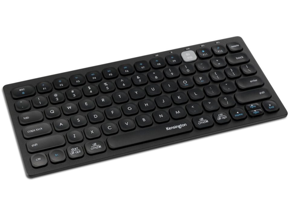 Angled view of the Kensington compact dual wireless keyboard showing the slim, low-profile design and rounded keys.