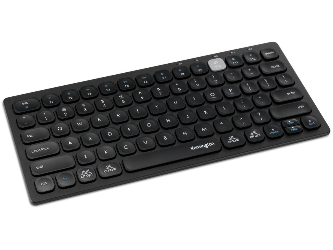 Angled view of the Kensington compact dual wireless keyboard showing the slim, low-profile design and rounded keys.