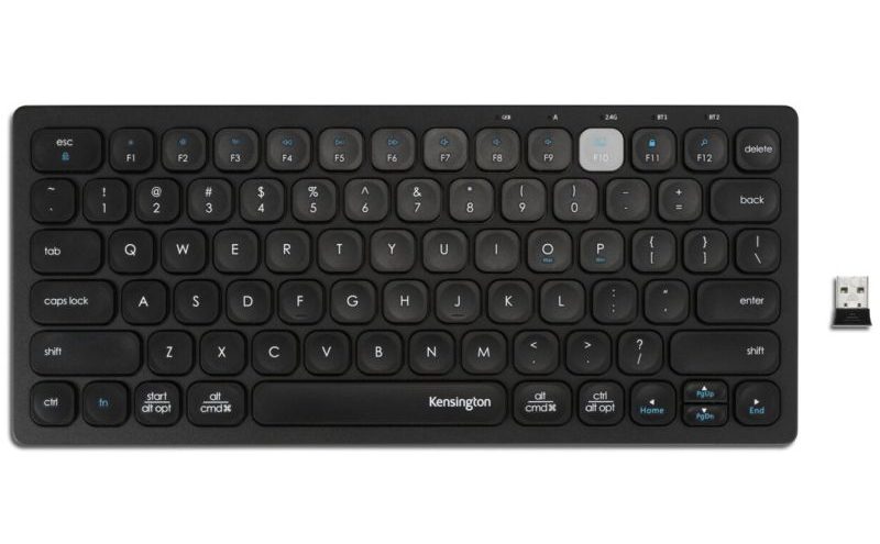 Front view of the Kensington compact multi-device dual wireless keyboard with rounded keys and USB receiver.