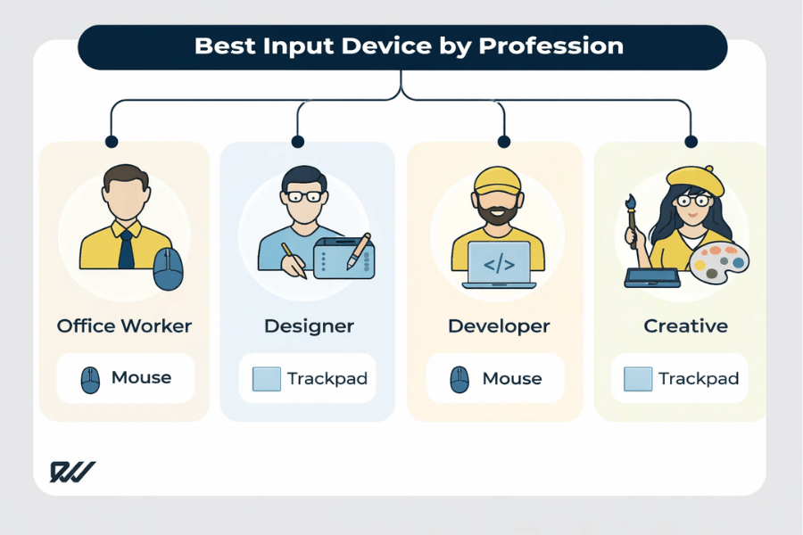 Infographic showing the best input device by profession, comparing mouse and trackpad use for office workers, designers, developers and creative professionals.