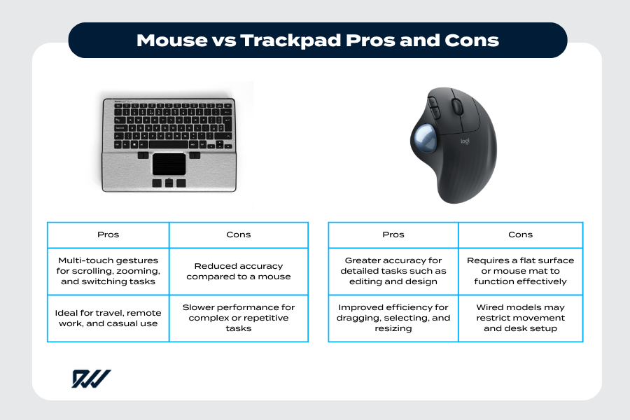 Comparison graphic showing the pros and cons of a trackpad and a mouse, with images and text boxes outlining their advantages and disadvantages.