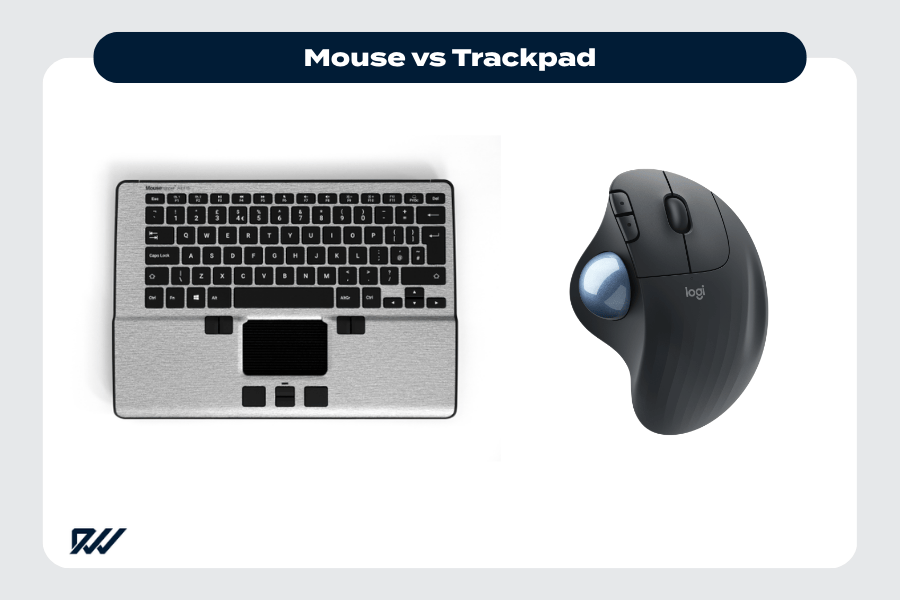 Side-by-side image comparing a laptop keyboard with built-in trackpad and an ergonomic mouse on a white background.