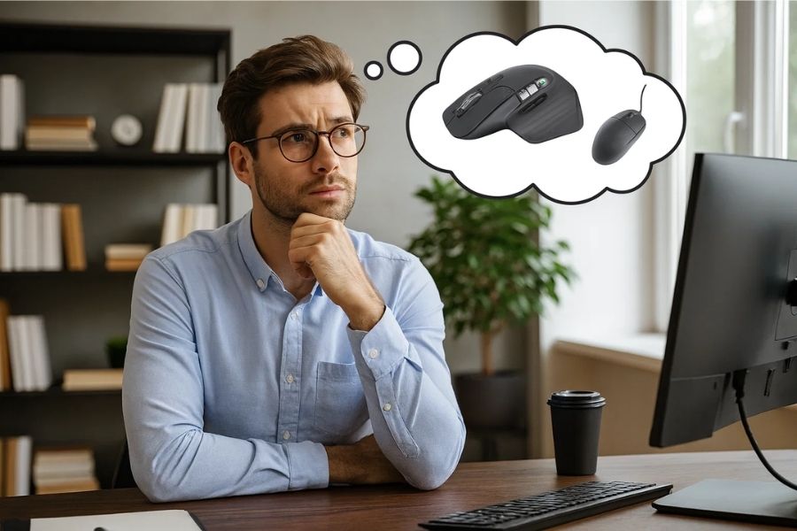 Office worker thinking about choosing between wired vs wireless mice for his workstation.