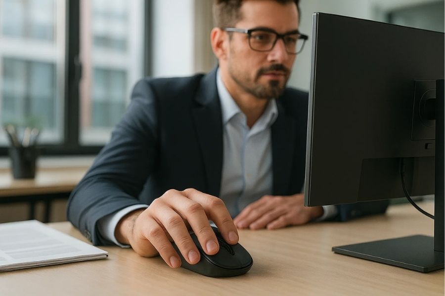 Office worker using a computer mouse, representing the decision between wired vs wireless mice before reaching a final verdict.
