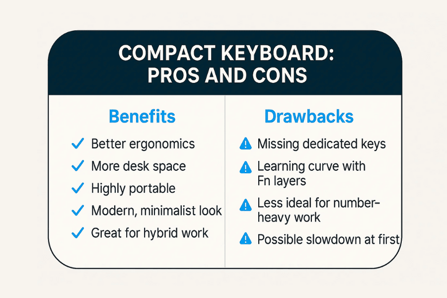 Infographic listing the benefits and drawbacks of compact keyboards, including ergonomics, desk space, portability and the limitations of missing keys and Fn-layer learning.