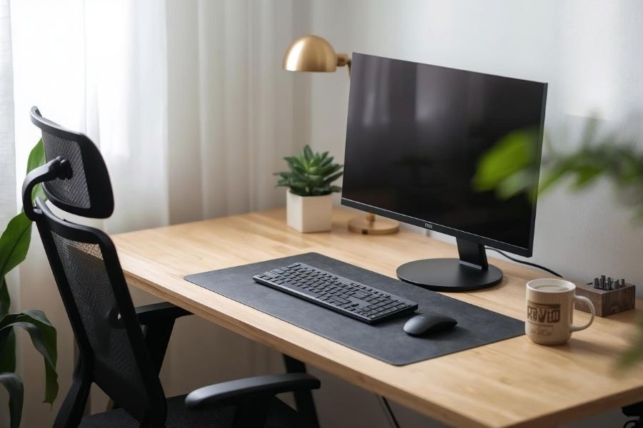Minimalist home office setup featuring a wireless mouse and keyboard, used to represent choosing between wired vs wireless mice.
