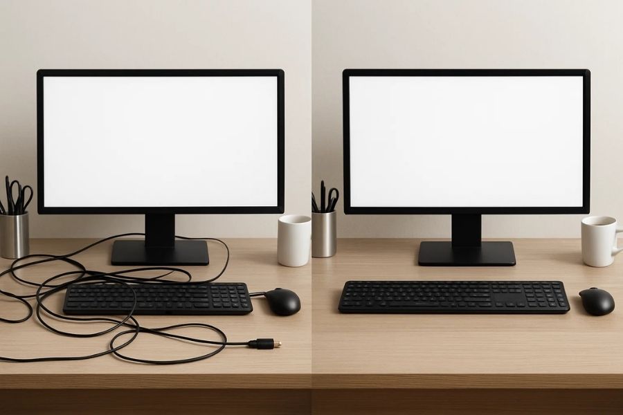Side-by-side comparison of a cluttered wired mouse setup versus a clean desk using a wireless mouse.