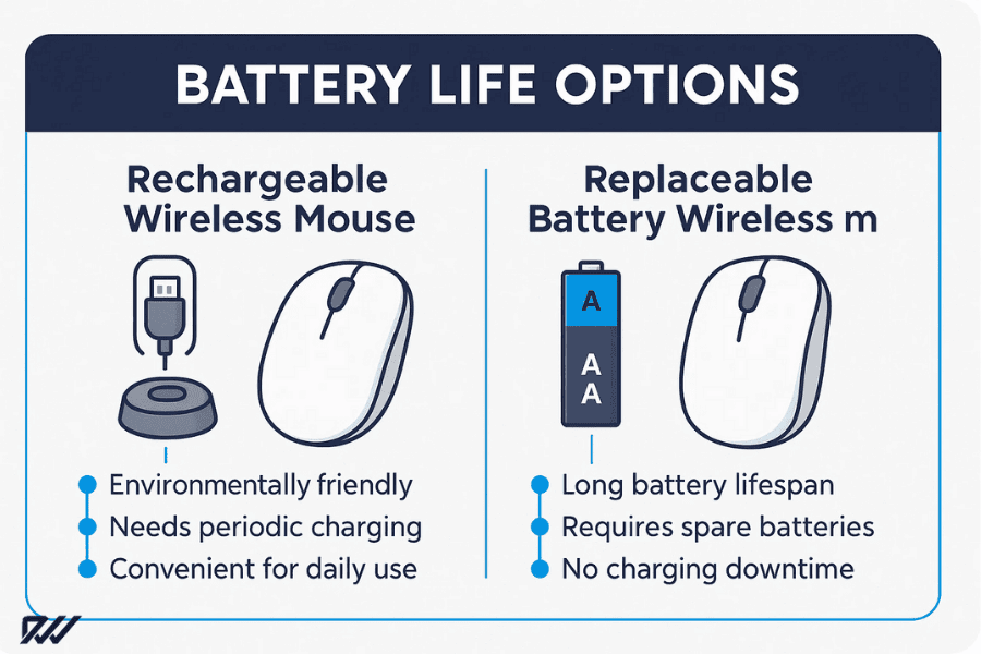 Battery life options infographic comparing rechargeable wireless mice with replaceable battery wireless mice.