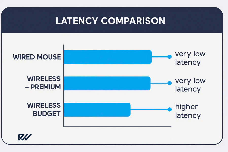 Latency comparison infographic showing wired mouse, premium wireless mouse and budget wireless mouse performance levels.