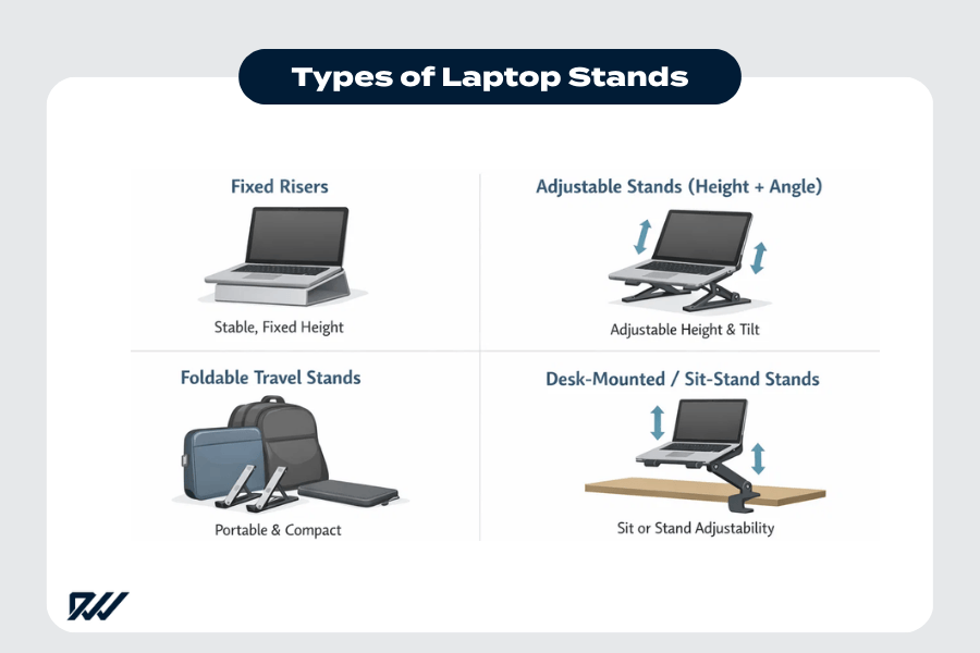 Types of laptop stands illustrated, including fixed risers, adjustable height and angle stands, foldable travel stands, and desk-mounted sit-stand laptop stands.