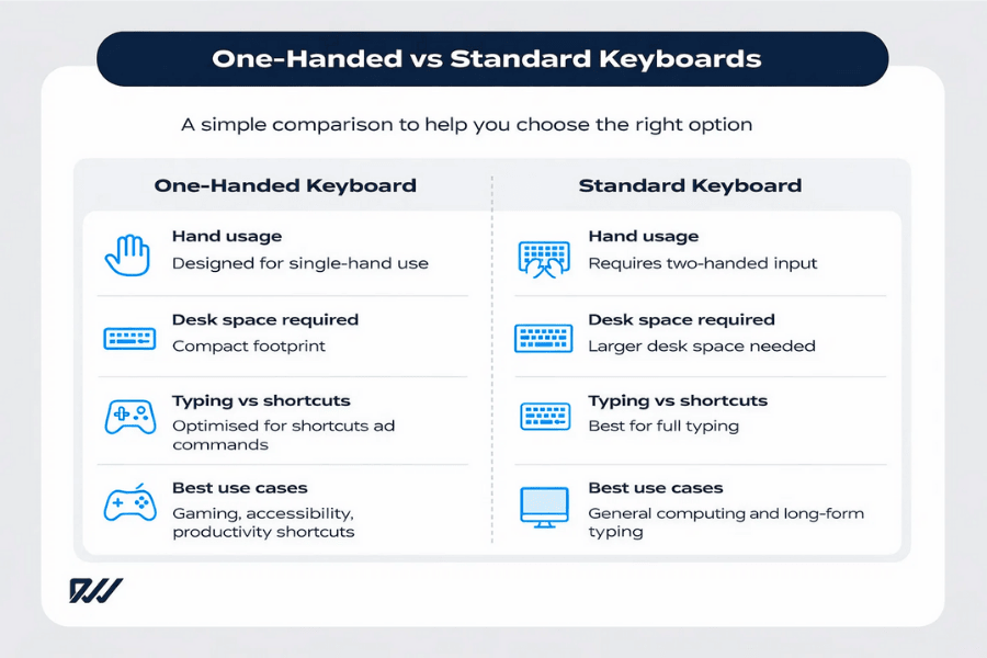 Comparison infographic showing differences between a one-handed keyboard and a standard keyboard, including hand usage, desk space required, typing versus shortcuts, and best use cases.
