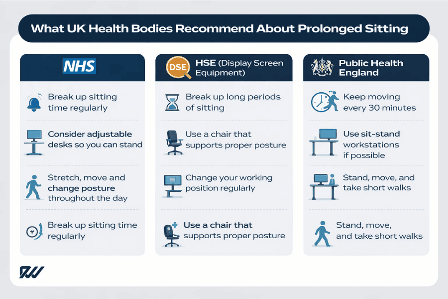 Infographic showing recommendations from UK health bodies on reducing prolonged sitting, including guidance from the NHS, HSE and Public Health England.