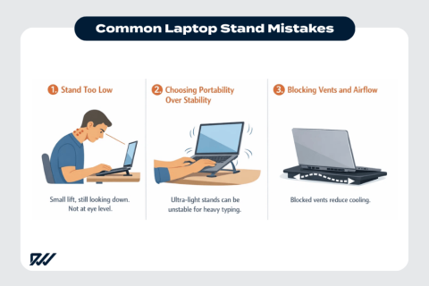 Illustration showing common laptop stand mistakes, including a stand set too low causing neck strain, an unstable lightweight stand wobbling during typing, and blocked laptop vents reducing airflow and cooling.