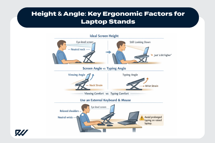 Ergonomic laptop stand height and angle diagram showing ideal screen height, correct viewing and typing angles, and the use of an external keyboard and mouse to reduce neck and wrist strain.