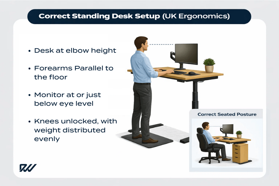 Illustration showing correct standing desk setup, with desk at elbow height, forearms parallel to the floor, monitor at eye level and relaxed standing posture.