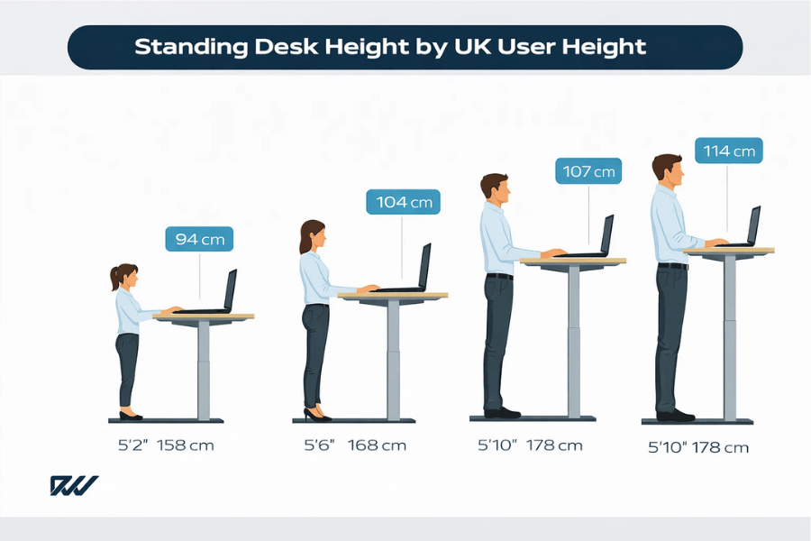 Illustration showing recommended standing desk heights for different UK user heights, with desk measurements displayed in centimetres.