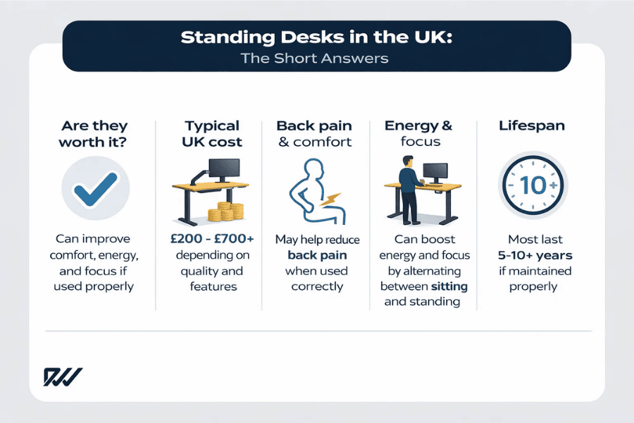 Infographic titled “Standing Desks in the UK: The Short Answers” summarising value, cost, comfort, energy and lifespan of standing desks.