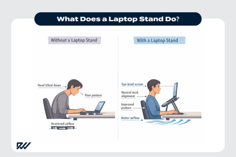 What a laptop stand does, comparing working without a stand causing poor posture and restricted airflow, versus using a laptop stand with eye-level screen, improved posture and better ventilation.