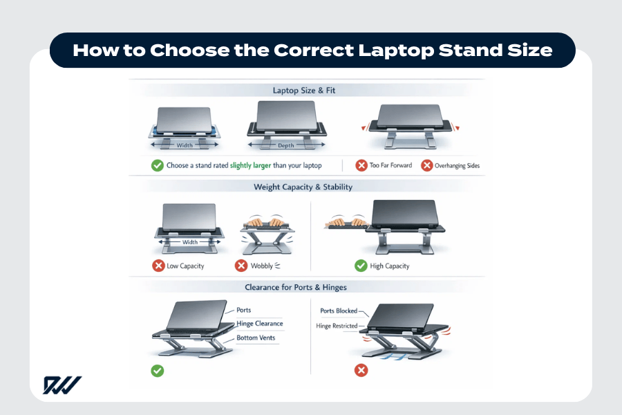 How to choose the correct laptop stand size, showing laptop width and depth fit, weight capacity and stability, and proper clearance for ports, hinges and ventilation.