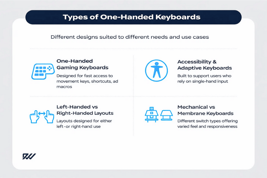 Infographic showing four types of one-handed keyboards, including gaming keyboards, accessibility and adaptive keyboards, left- and right-handed layouts, and mechanical versus membrane keyboards.